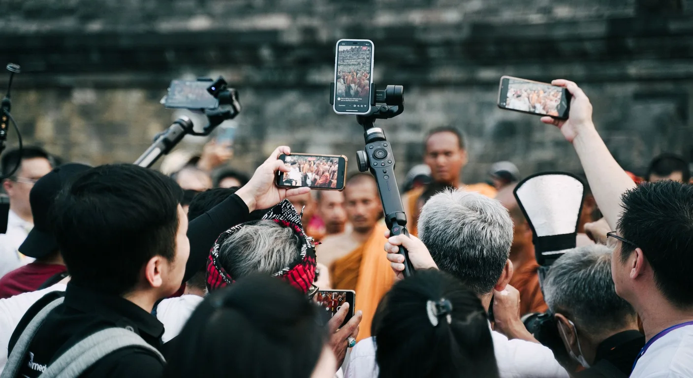 A visitor standing among the stupas of Borobudur